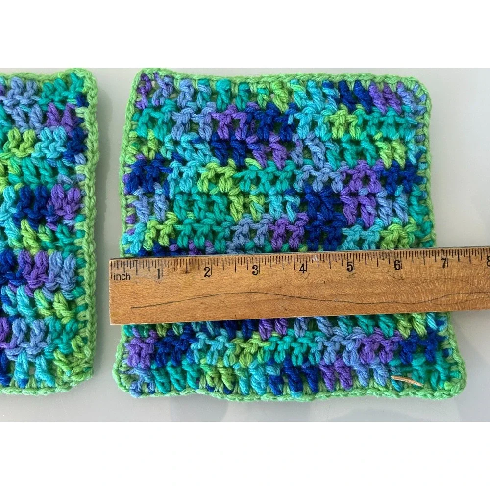 2 Vintage 1970s MCM Hand Crocheted Green Square Hot Pad Pot Holder Trivet NOS